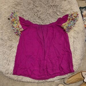 Chic Fuchsia Off-Shoulder Blouse with Colorful Fringe